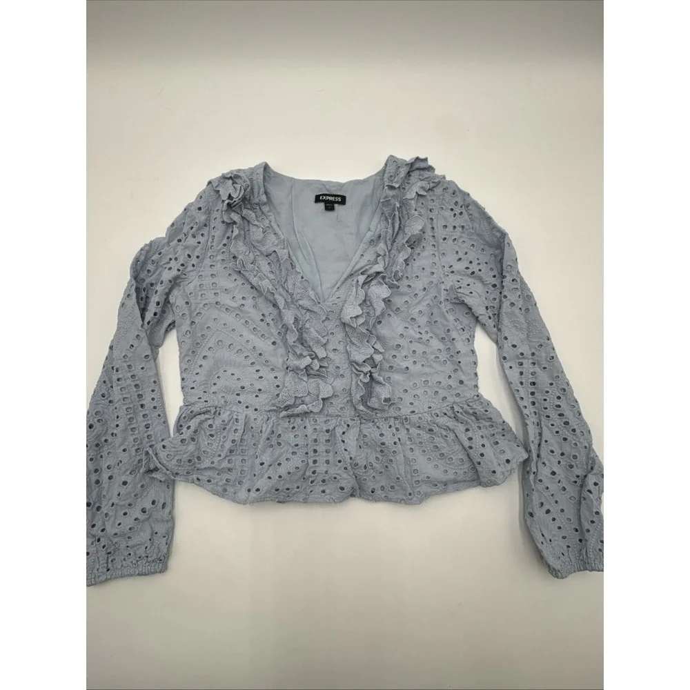 Express Women's Small Light Blue Eyelet Ruffles Peplum V-Neck Long Sleeve Top